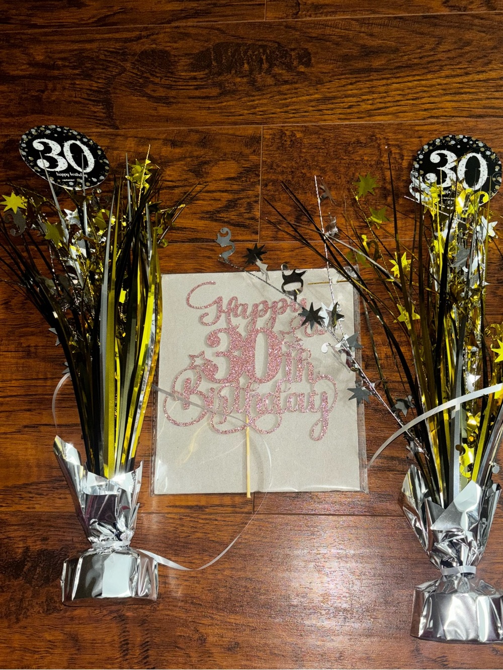 30th Birthday BUNDLE Two Centerpiece Decorations + Pink Cake Topper Happy 30
